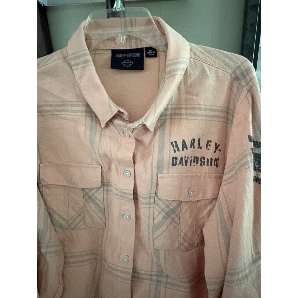 Harley Davidson flannel biker shirt outdoor plaid spring salmon orange women 2XL - Picture 2 of 15